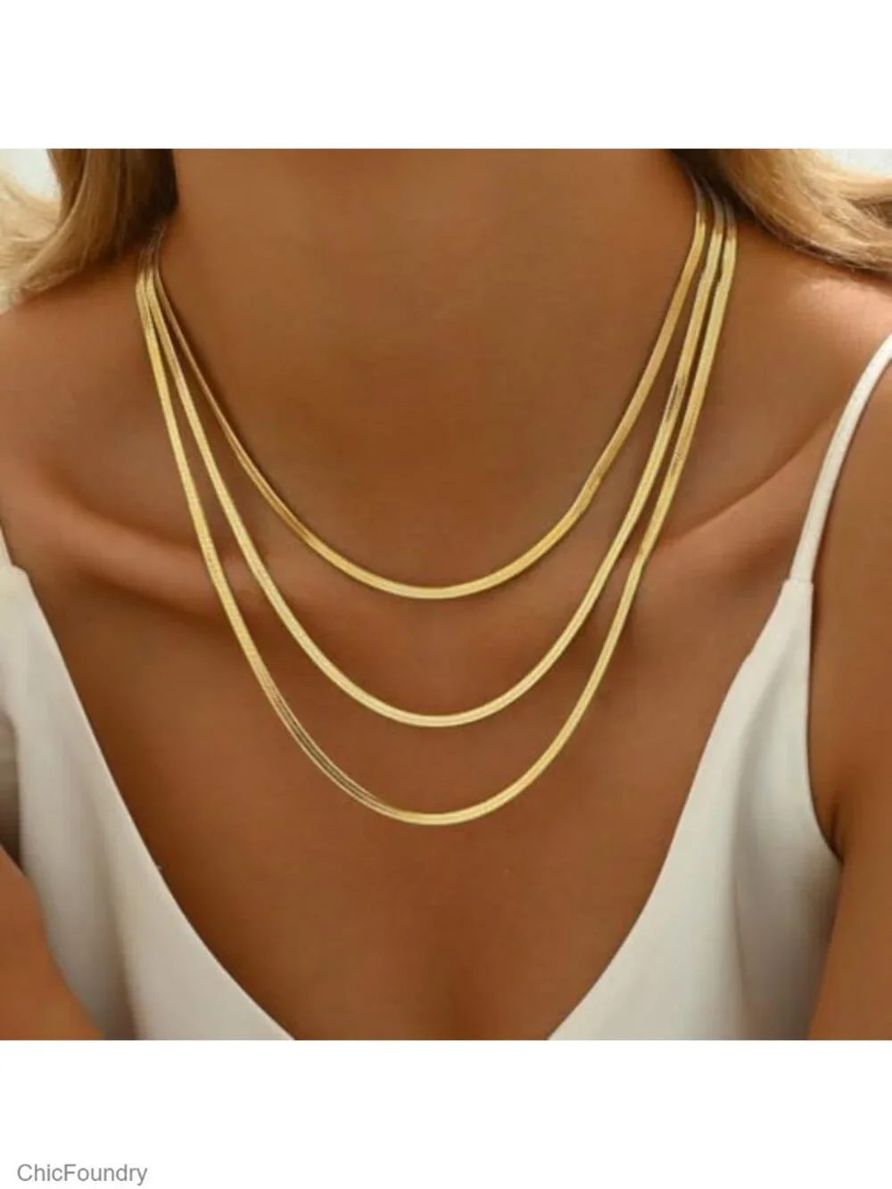 18K Gold Plated Layered Herringbone Necklaces for Women Non Tarnish Long